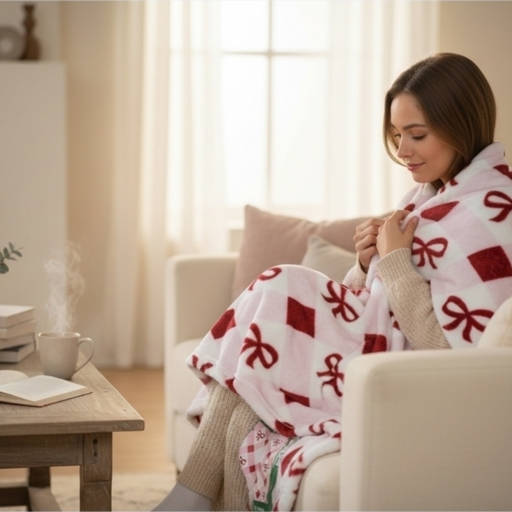 Cozy Red, Pink,& White Holiday Bow Throw Blanket 50"X60"